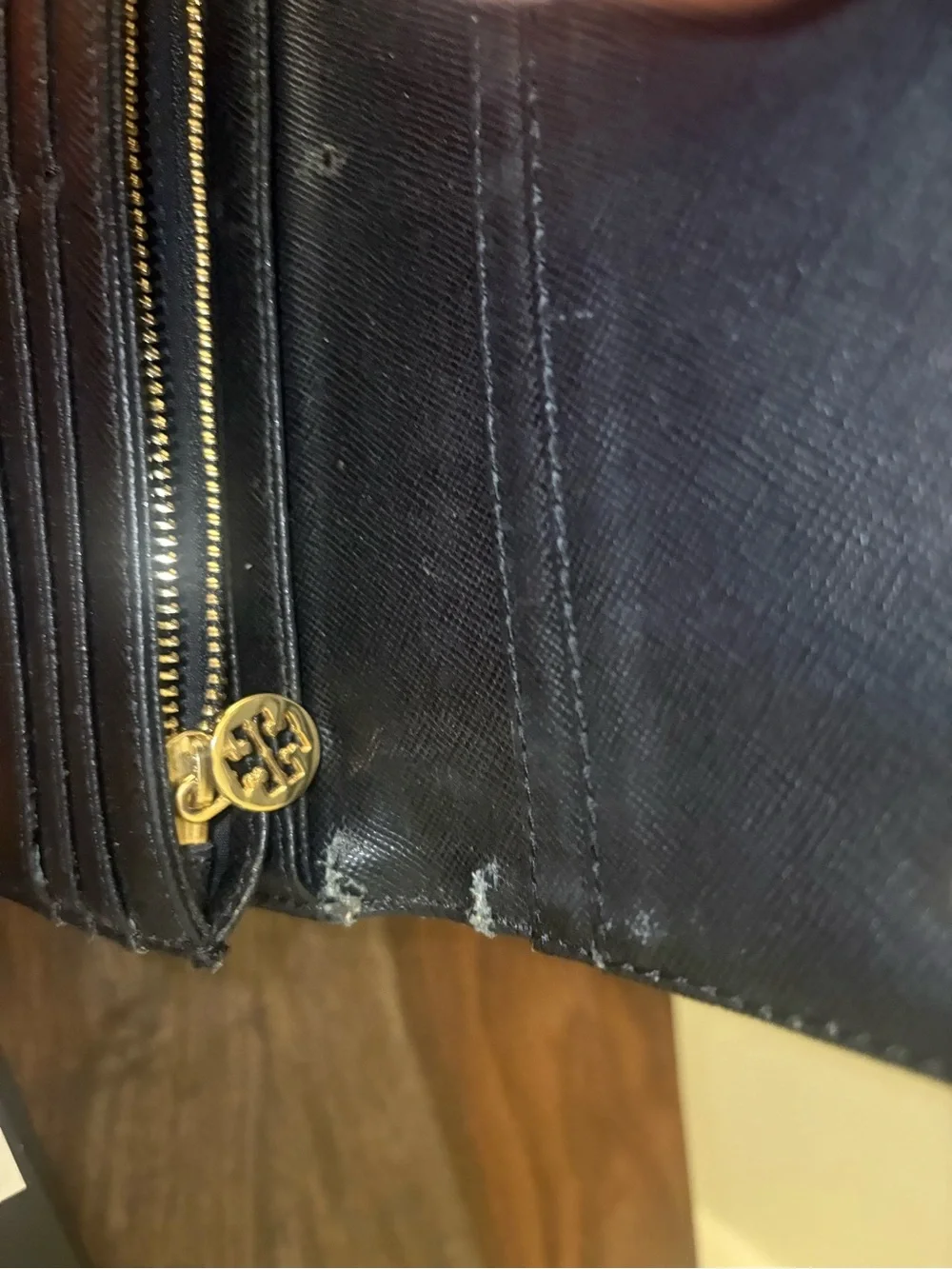 Tory Burch Black Leather Continental Wallet with Gold Logo
